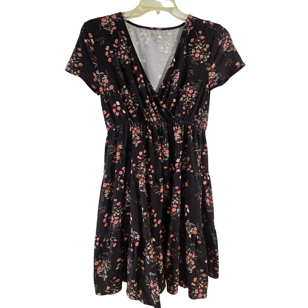 No Boundaries Mini Dress Black Floral V-Neck Womens XS - Picture 2 of 4